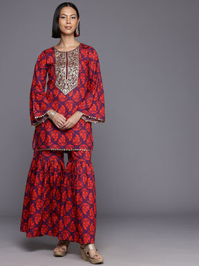 Floral Printed Pleated Kurti with Sharara