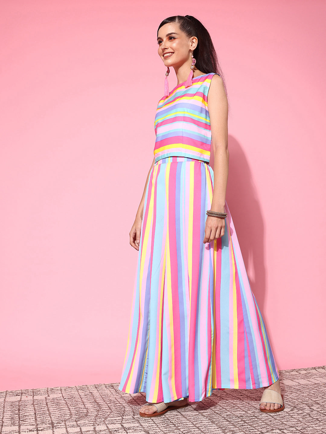 Multi Colour Striped Top with Palazzos & With Shrug