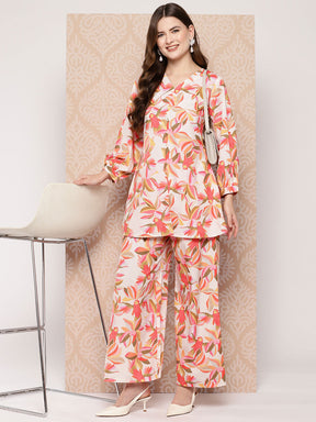 Off White & Orange Printed Ethnic Tunic with Palazzos