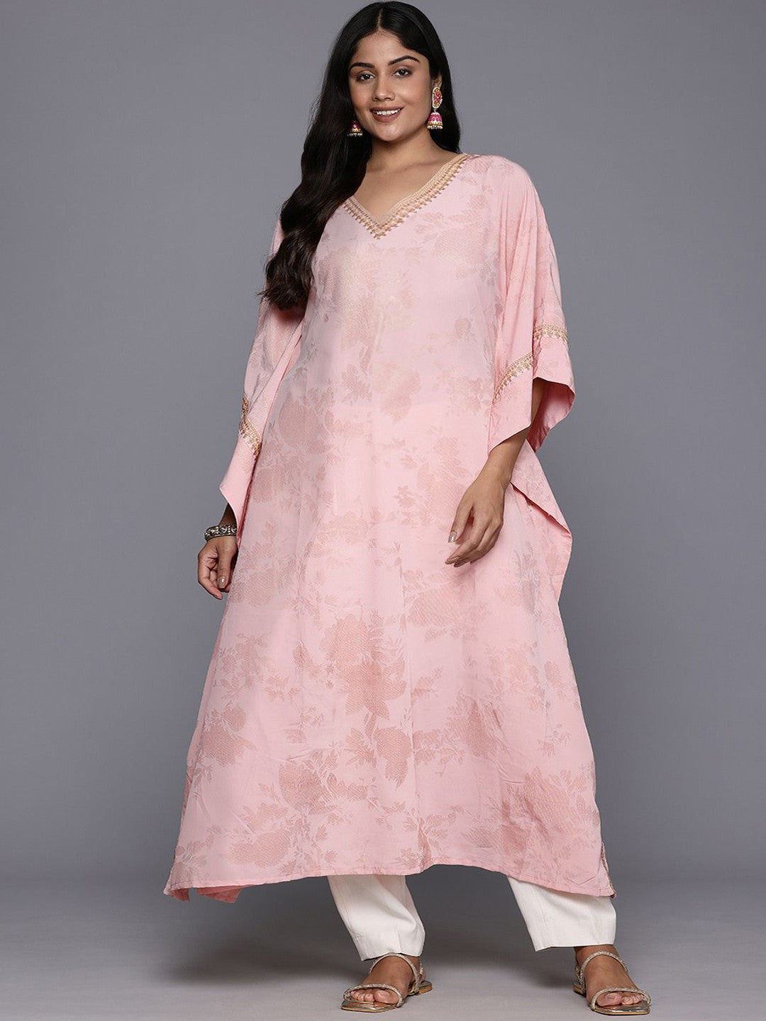 Women Floral Printed Flared Sleeves Chikankari Floral Crepe Kaftan Kurta