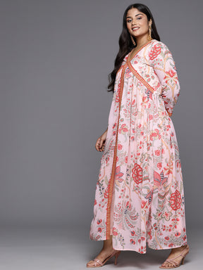 Pink Floral Printed Plus Size High Slit Kurta with Trousers