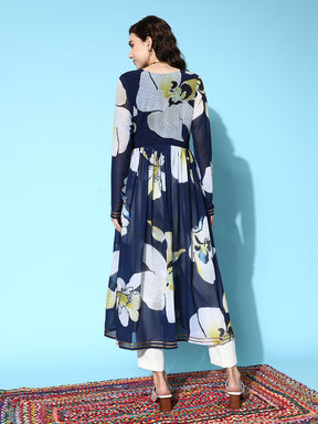 Navy Blue Floral Printed Gotta Patti Georgette Kurta