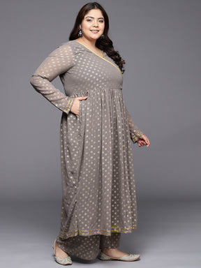 Grey Printed Plus Size Angrakha Kurta with Palazzos