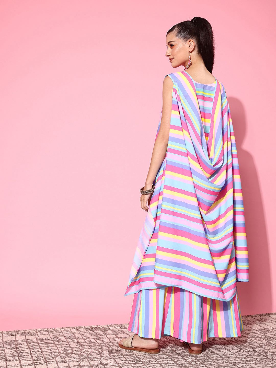 Multi Colour Striped Top with Palazzos & With Shrug