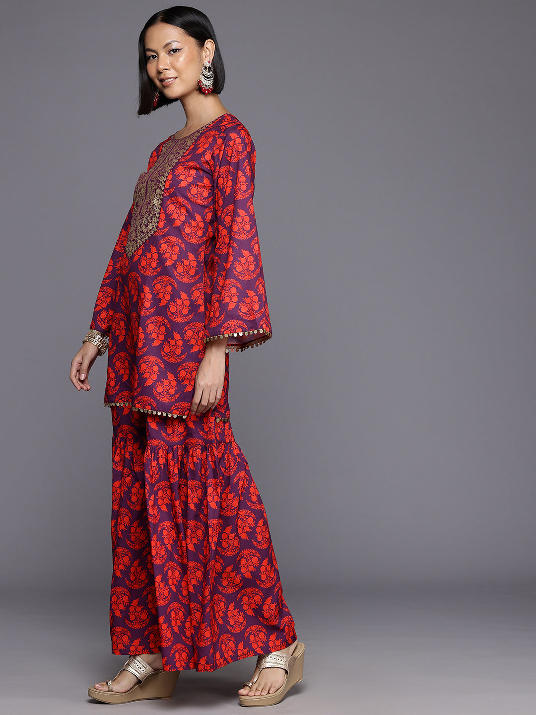 Floral Printed Pleated Kurti with Sharara