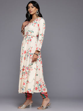 Floral Printed Pleated Sequinned Kurta With Churidar & Dupatta