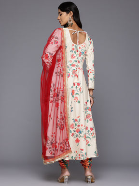 Floral Printed Pleated Sequinned Kurta With Churidar & Dupatta