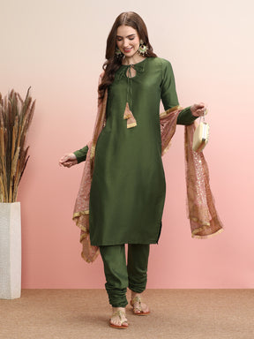 Tie-Up Neck Regular Sleeves Straight Kurta Set