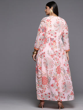 Pink Floral Printed Plus Size High Slit Kurta with Trousers