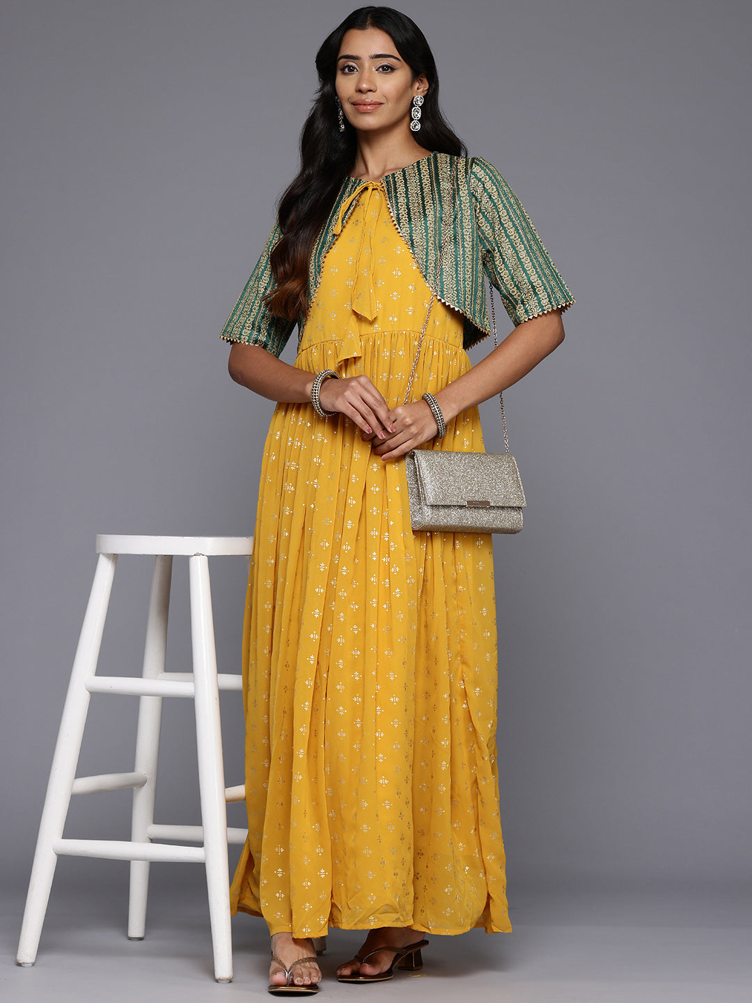 Ethnic Motifs Printed Maxi Gown with Shrug