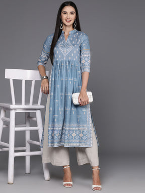 Blue & White Printed Pure Cotton Kurta