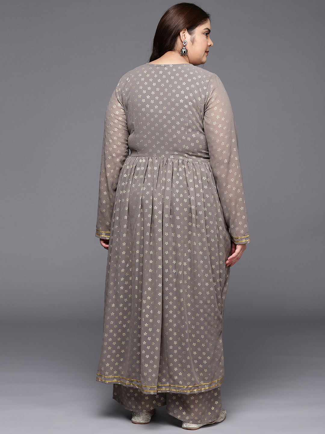 Grey Printed Plus Size Angrakha Kurta with Palazzos