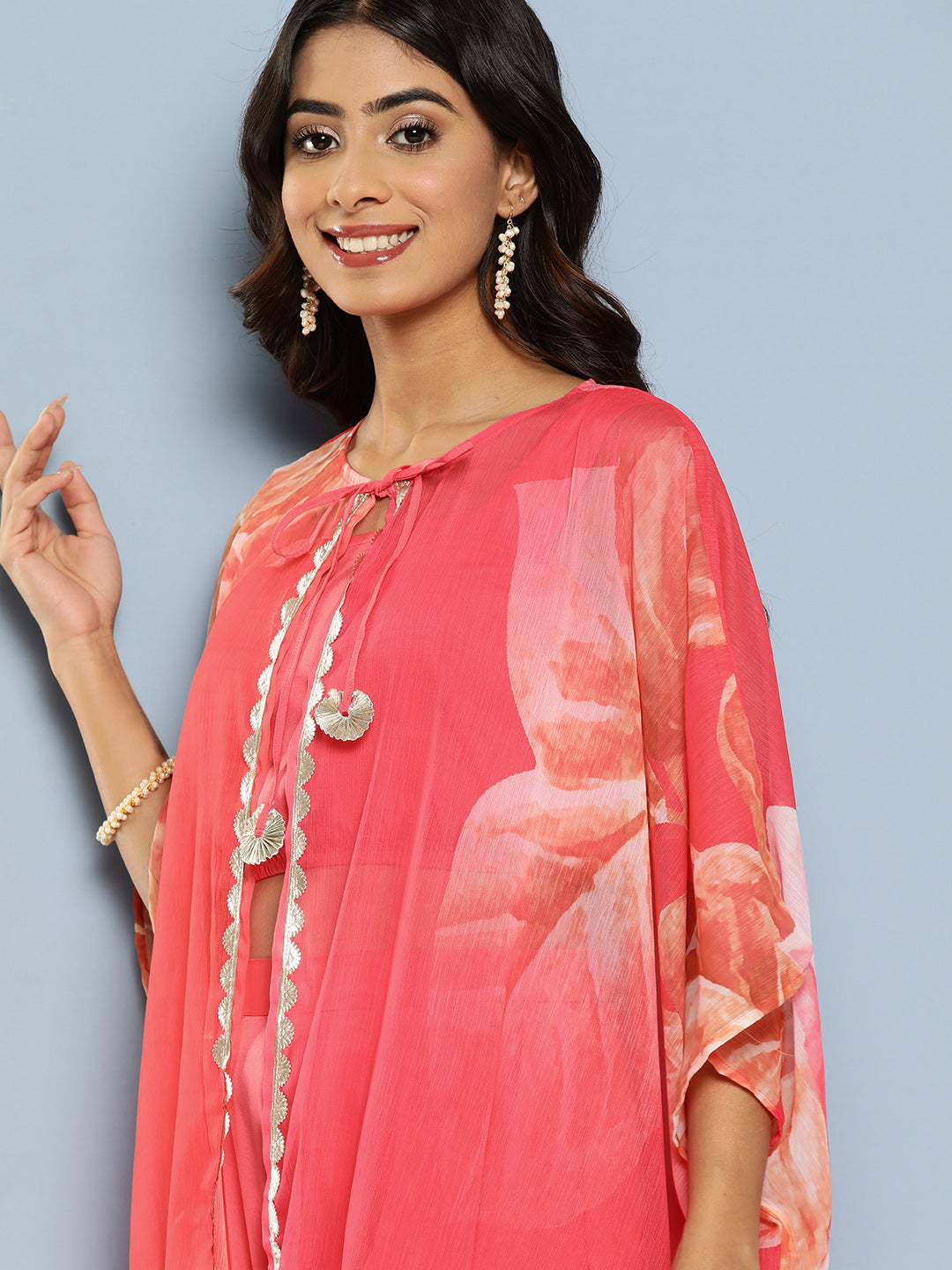 Coral Solid Top with Palazzos & Printed Shrug