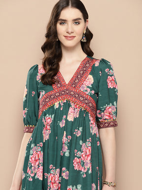 Green Floral Printed Empire Ethnic Dress