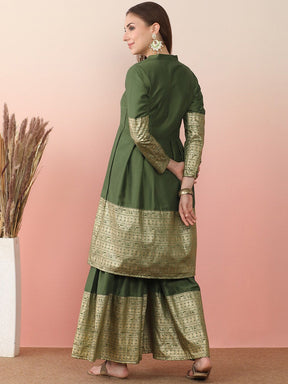 Ethnic Motifs Printed Pleated Mandarin Collar Anarkali Kurta With Sharara