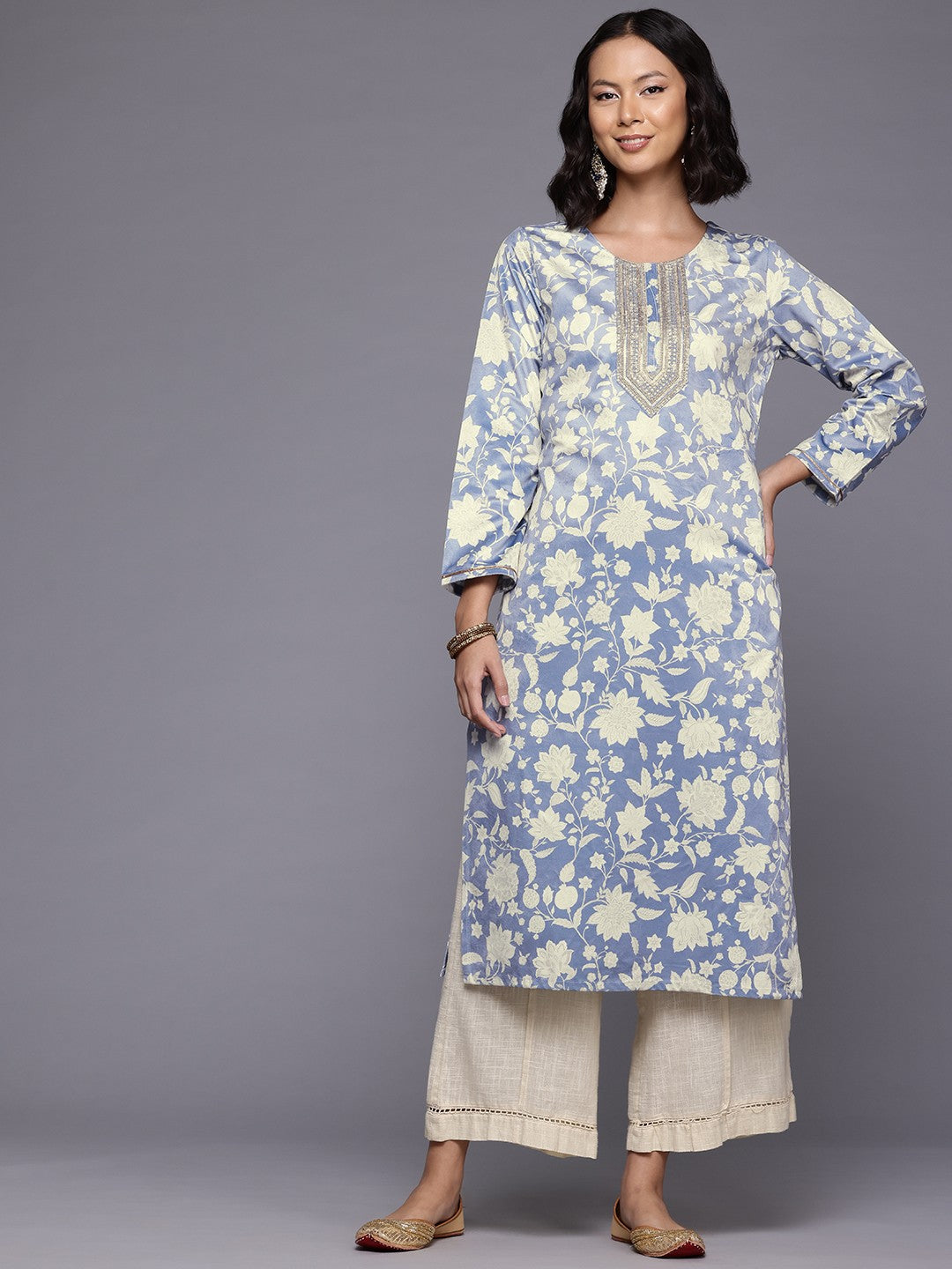 Floral Printed Sequinned Velvet Kurta