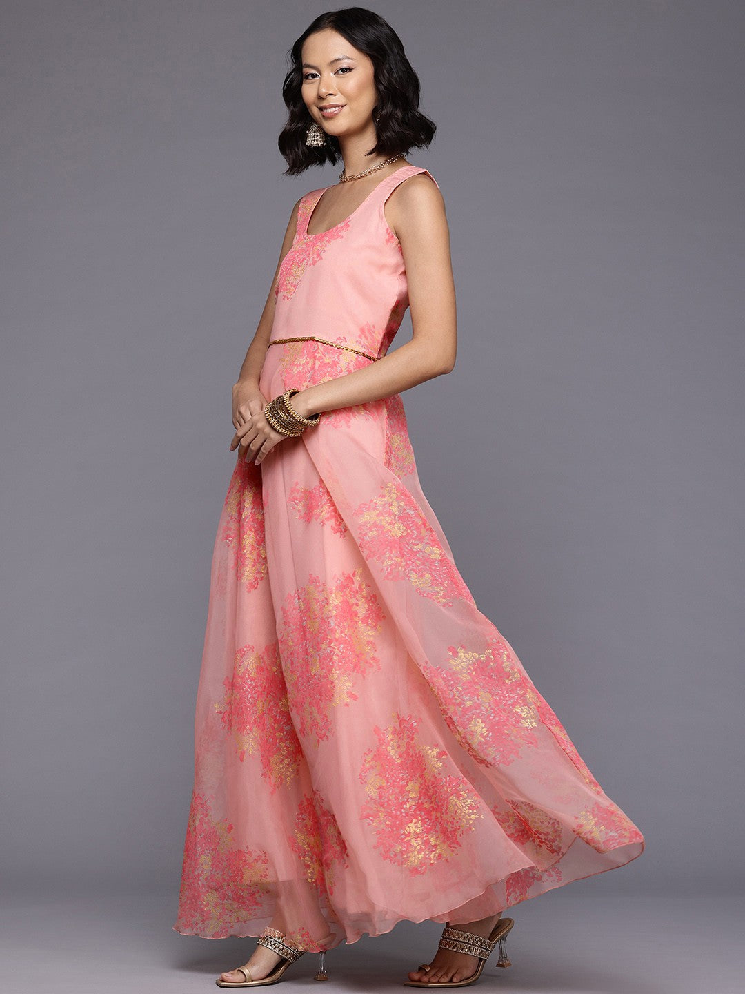 Floral Printed Gotta Patti Organza Ethnic Gown