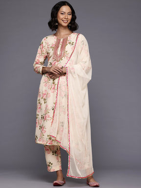 Floral Printed Sequinned Kurta With Trousers & Dupatta