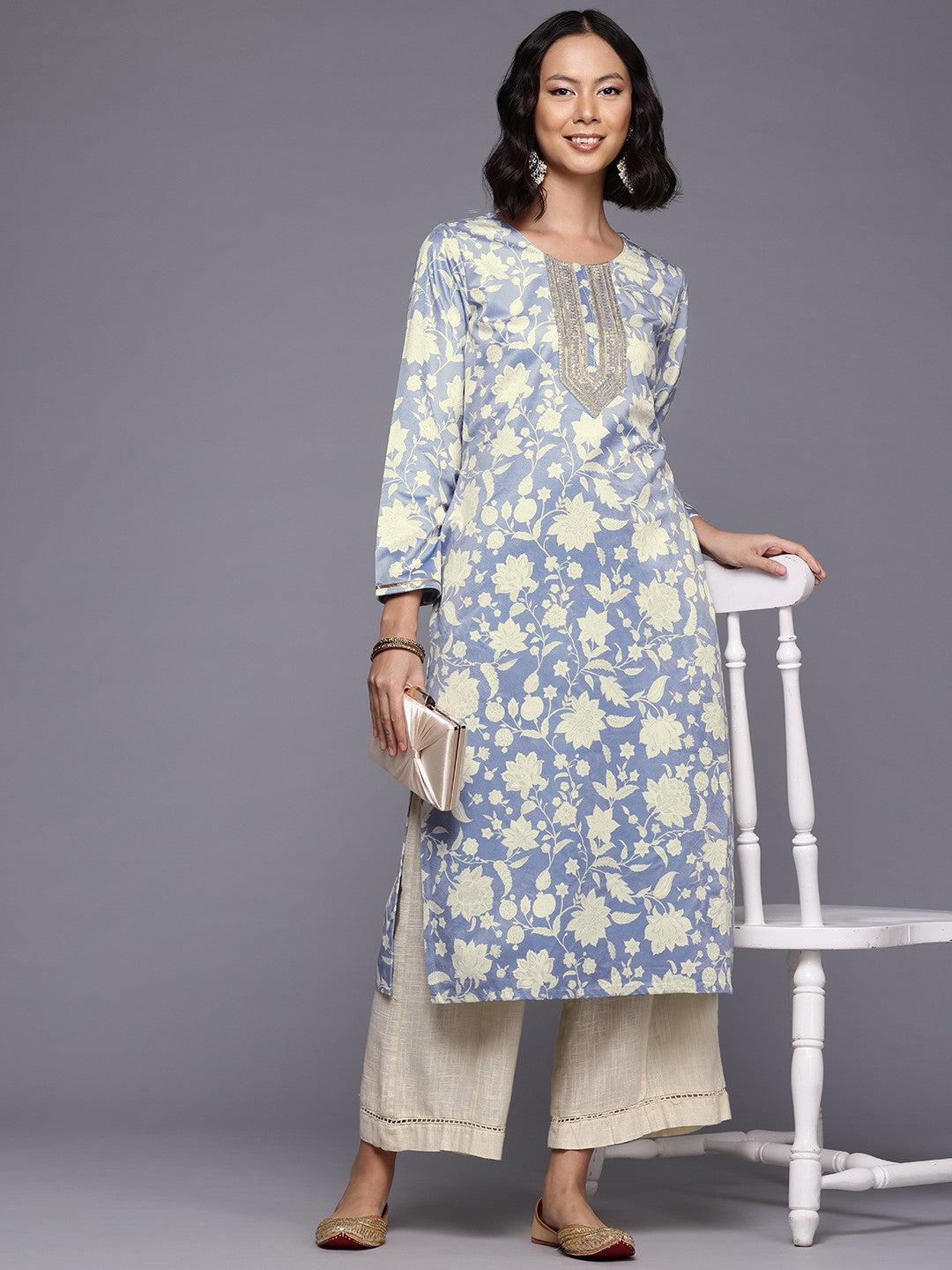 Floral Printed Sequinned Velvet Kurta