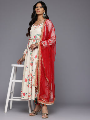 Floral Printed Pleated Sequinned Kurta With Churidar & Dupatta