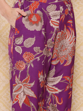 Purple Printed Ethnic Tunic with Trousers