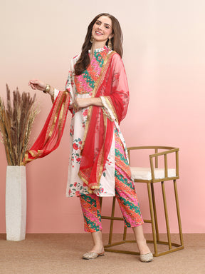 Women Floral Printed Regular Sequinned Kurta with Trousers & With Dupatta