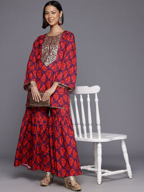 Floral Printed Pleated Kurti with Sharara