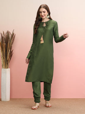 Tie-Up Neck Regular Sleeves Straight Kurta Set