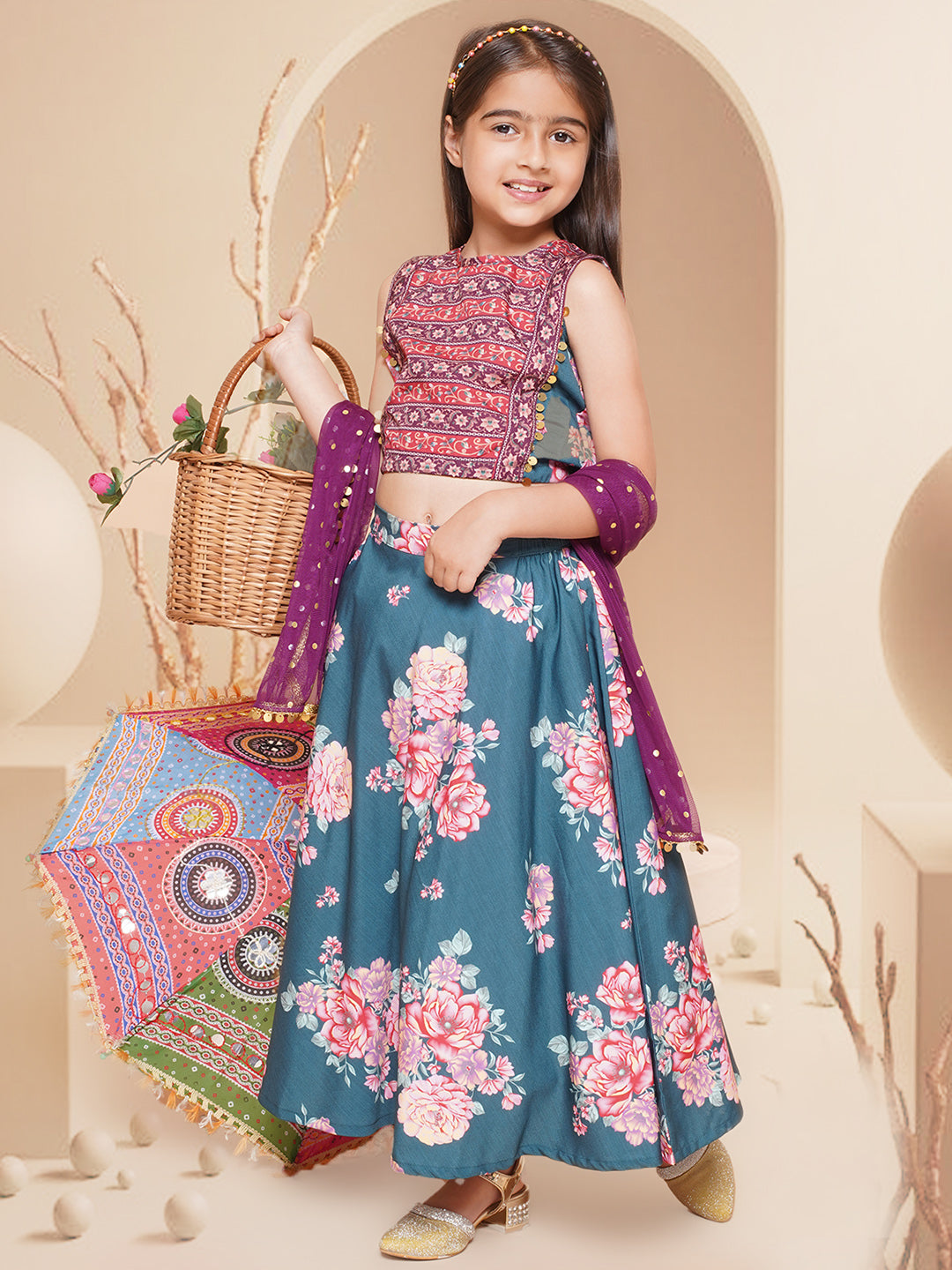 Girls Printed Sequinned Ready to Wear Lehenga & Blouse With Dupatta