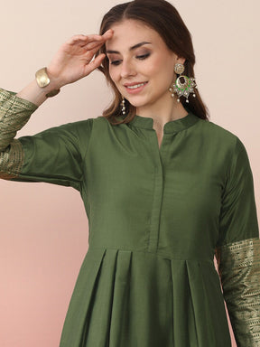 Ethnic Motifs Printed Pleated Mandarin Collar Anarkali Kurta With Sharara