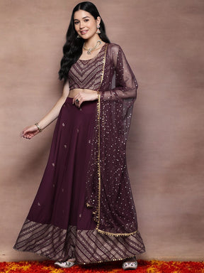 Purple & Gold-Toned Printed Sequined Ready to Wear Lehenga & Blouse With Dupatta