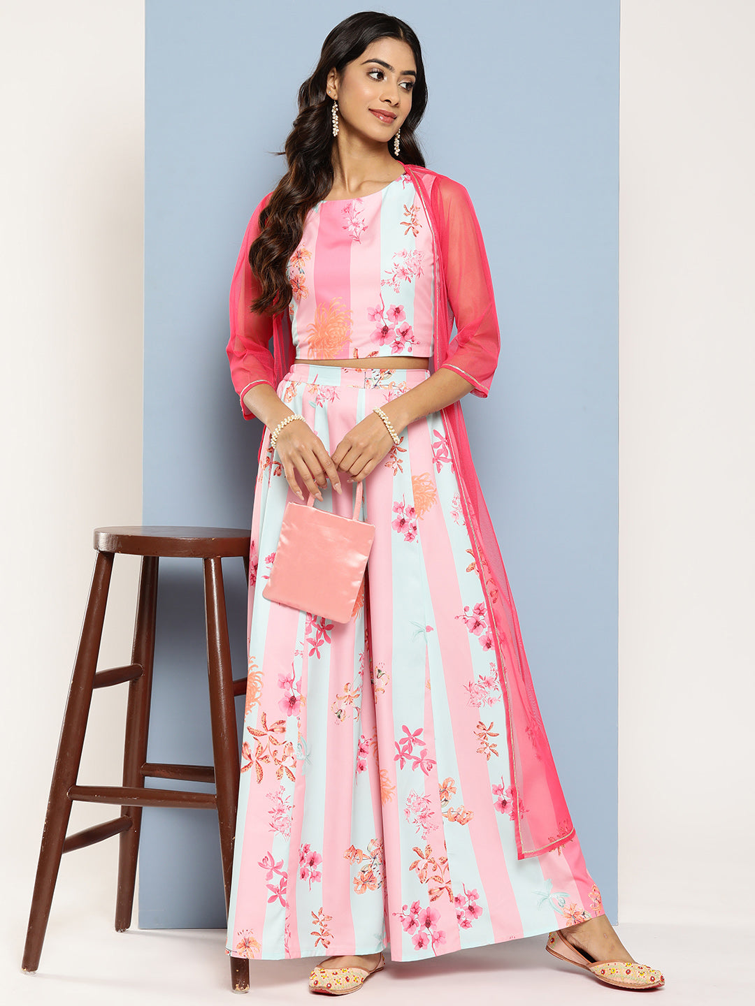 Ahalyaa Women Floral Printed Top with Palazzos & Shrug