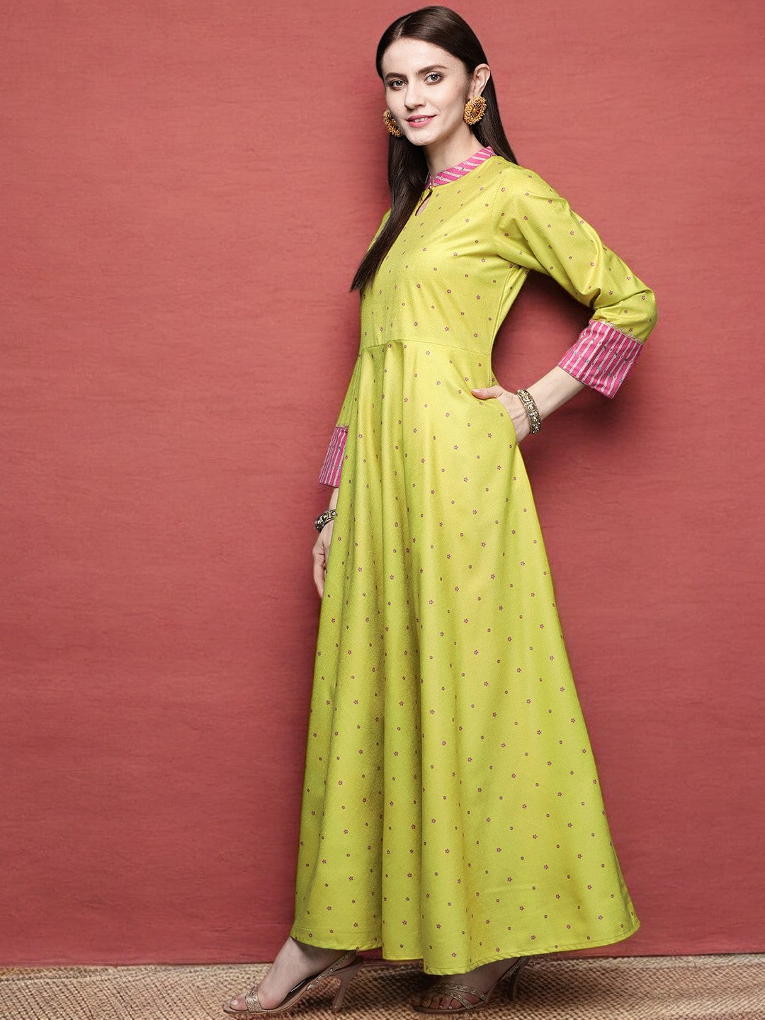 Lime Yellow & Pink Printed Pleated A-Line Maxi Velvet Ethnic Dress