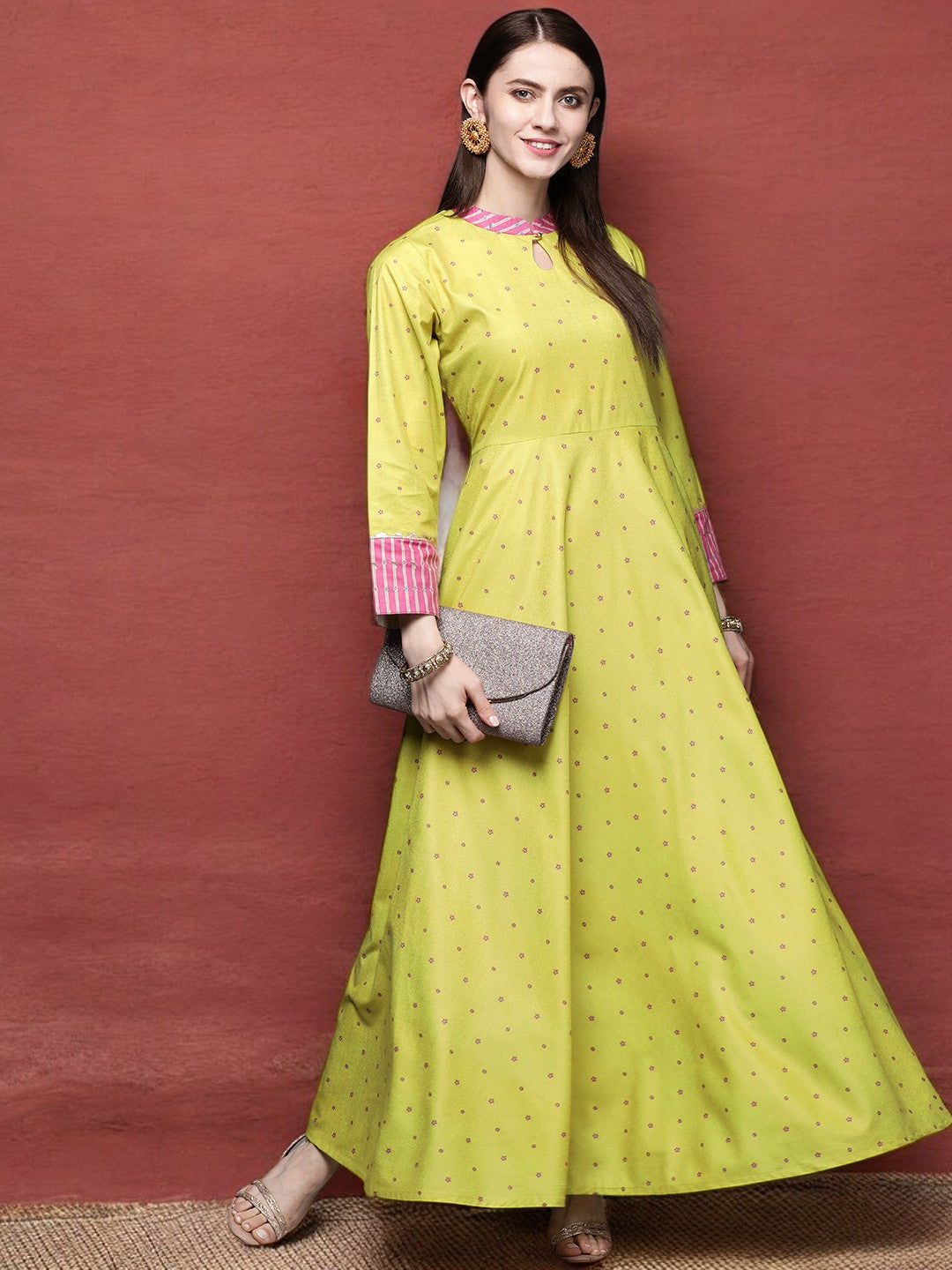 Lime Yellow & Pink Printed Pleated A-Line Maxi Velvet Ethnic Dress