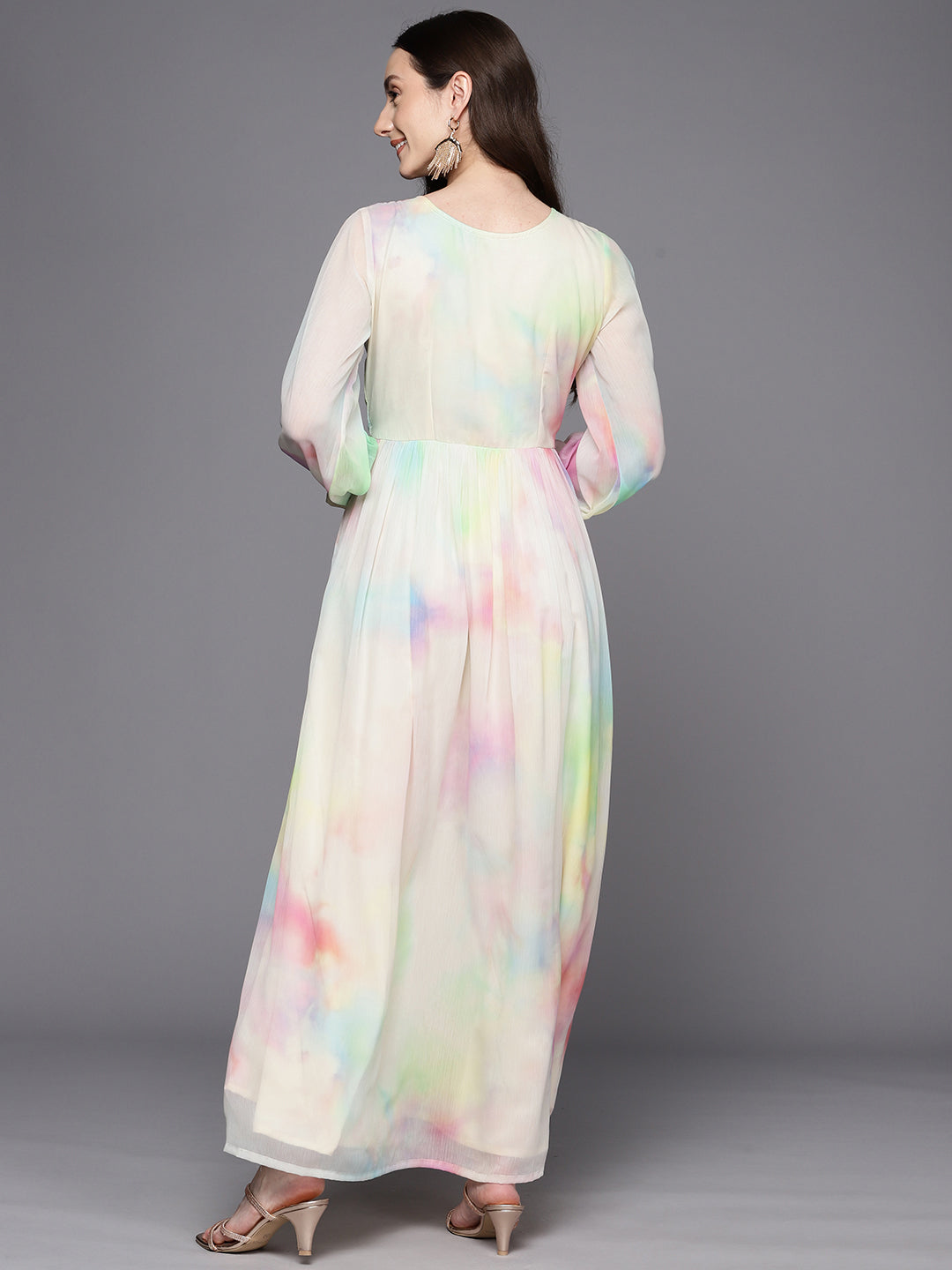 Ahalyaa Abstract Printed Gotta Patti Puff Sleeves Chiffon Maxi Ethnic Dress