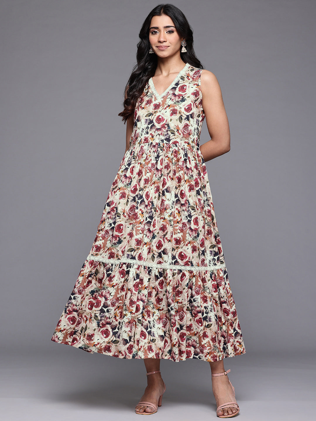 Ahalyaa Floral Printed Midi Tiered Pure Cotton A-Line Ethnic Dress