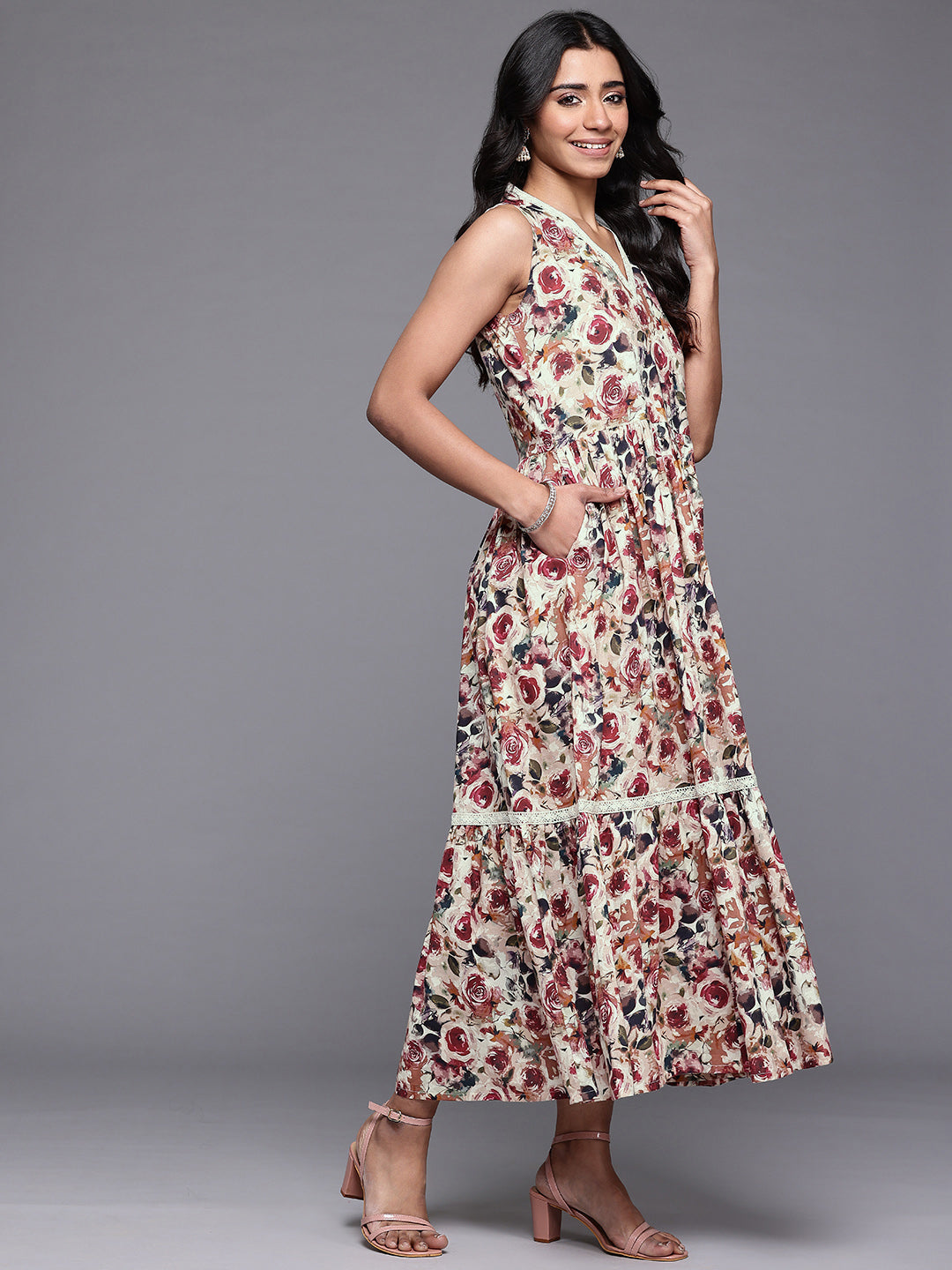 Ahalyaa Floral Printed Midi Tiered Pure Cotton A-Line Ethnic Dress