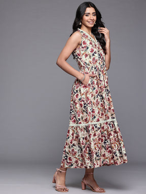 Ahalyaa Floral Printed Midi Tiered Pure Cotton A-Line Ethnic Dress