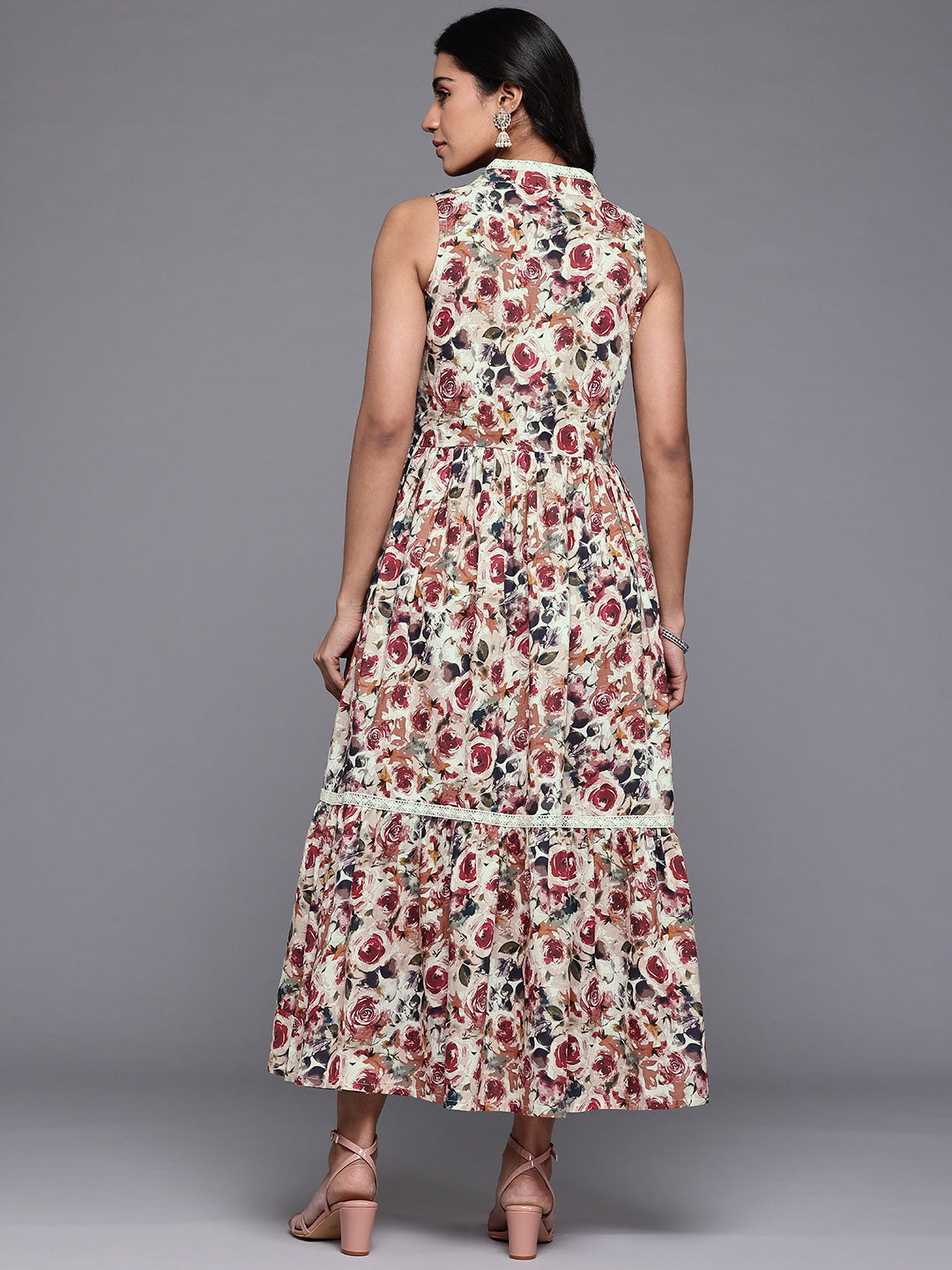 Ahalyaa Floral Printed Midi Tiered Pure Cotton A-Line Ethnic Dress