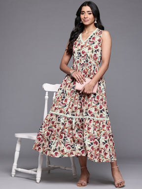 Ahalyaa Floral Printed Midi Tiered Pure Cotton A-Line Ethnic Dress