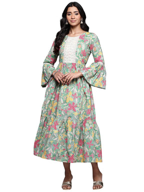 Ahalyaa Floral Printed Bell Sleeves Tiered Midi Pure Cotton A-Line Ethnic Dress