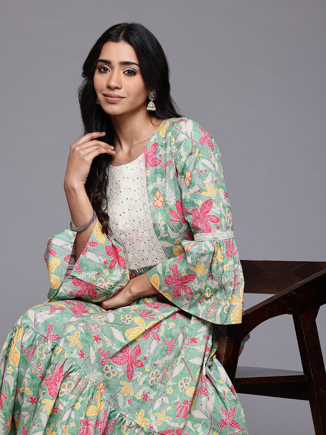 Ahalyaa Floral Printed Bell Sleeves Tiered Midi Pure Cotton A-Line Ethnic Dress