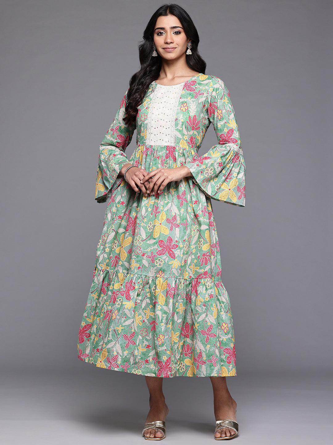 Ahalyaa Floral Printed Bell Sleeves Tiered Midi Pure Cotton A-Line Ethnic Dress