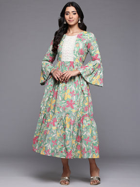 Ahalyaa Floral Printed Bell Sleeves Tiered Midi Pure Cotton A-Line Ethnic Dress