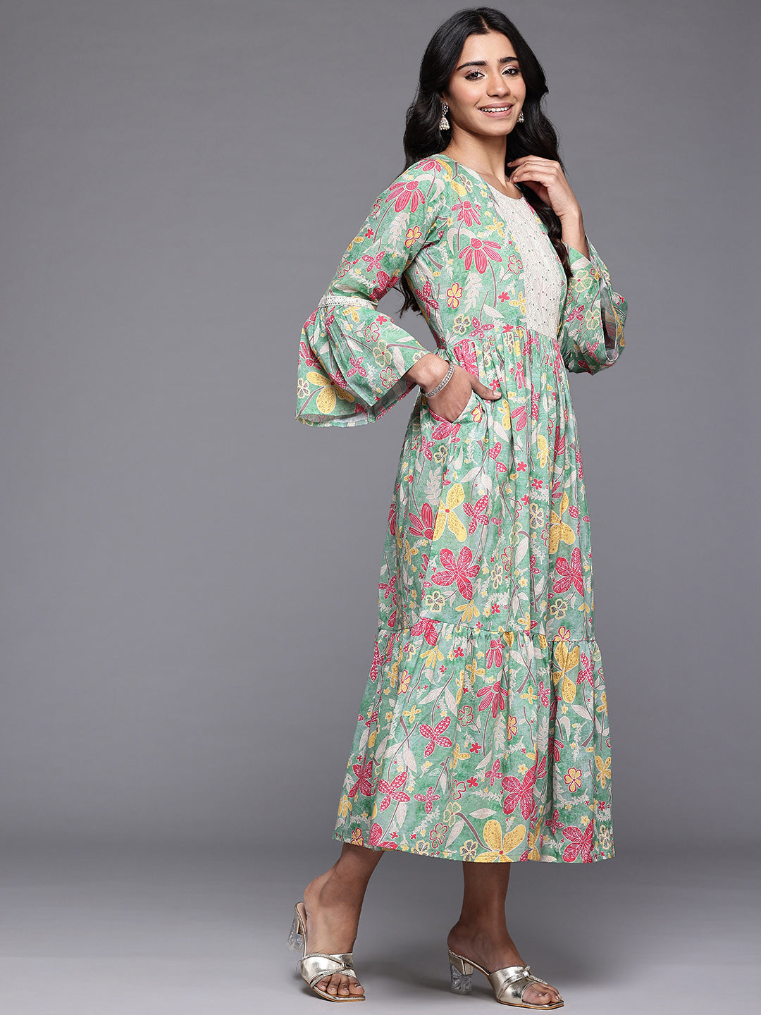 Ahalyaa Floral Printed Bell Sleeves Tiered Midi Pure Cotton A-Line Ethnic Dress