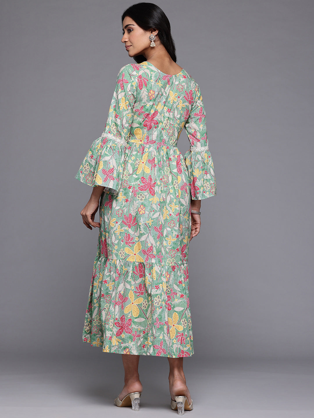 Ahalyaa Floral Printed Bell Sleeves Tiered Midi Pure Cotton A-Line Ethnic Dress