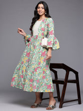 Ahalyaa Floral Printed Bell Sleeves Tiered Midi Pure Cotton A-Line Ethnic Dress