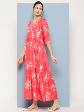 Ahalyaa Floral Printed Pleated Maxi Empire Ethnic Dress