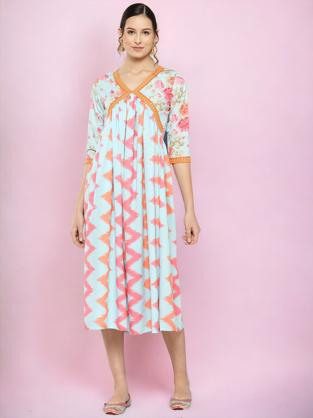 Ahalyaa Floral Printed Midi Empire Ethnic Dress