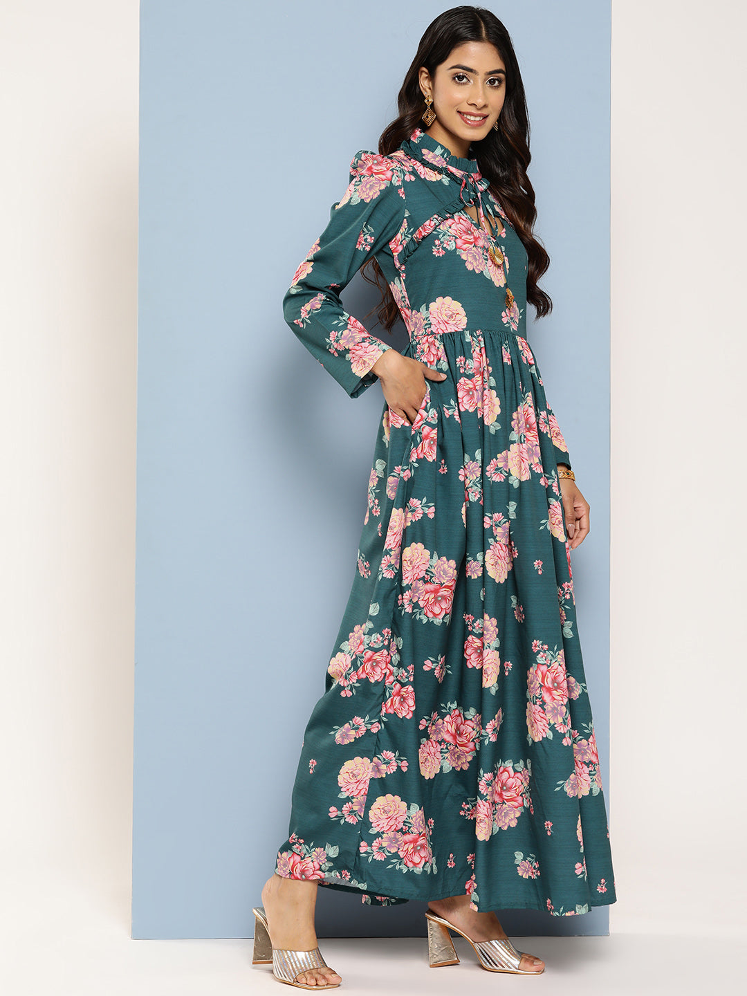 Ahalyaa Floral Print Puff Sleeves Tie-Up Neck Crepe Ethnic Gown With Cut-Out Detail